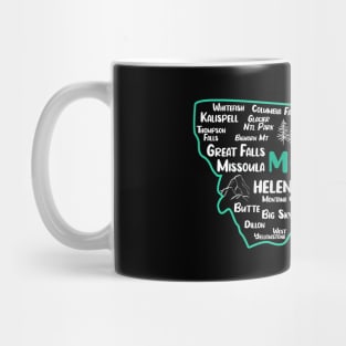 Cute map of Bozemian Montana, Helena, Missoula, Great Falls, Butte, Billings, Kalispell, Big Sky Mug